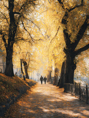 Fototapeta premium Romantic autumn park with golden leaves on the ground and people walking on a sunny day
