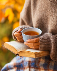 Close-up of hands in warm knitted sleeves holding a cup of tea and a book, cozy autumn home atmosphere with plaid in background