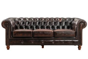 Classic dark brown leather Chesterfield sofa isolated on white.