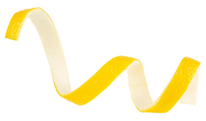 Fresh twisted lemon peel isolated on a white background. Ripe lemon skin. Zest of citrus fruit.
