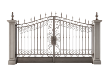 Ornate decorative wrought iron gate with stone pillars.