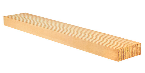 Single pine wooden plank isolated on a white background. Lumber, industrial wood.