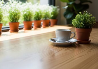 White coffee cup on a saucer with a spoon on a wooden table near a window