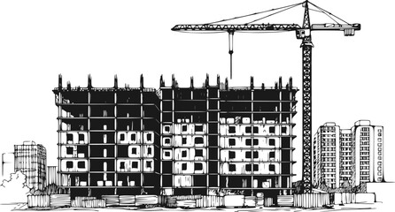 Construction Site with Tower Crane. Vector Illustration of Residential Building Development, Skyscraper Construction and Modern City Landscape