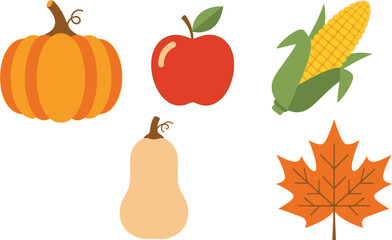 Autumn harvest and Thanksgiving fruits.  Pumpkin, apple, corn, pear and maple autumn leaf editable vector illustration icons 