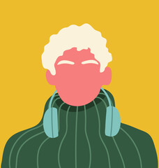 Abstract faceless man portrait. Young male character with blank face, headphones. Hand drawn vector illustration.