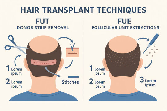 Methods of hair transplantation fut vs fue with infographic elements of illustration.