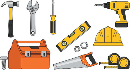 Erbauer-equipment, construction and repair tools, stripped wite editable vector illustration icons 