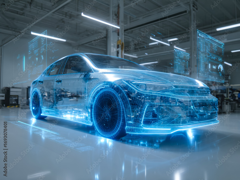 Poster futuristic digital rendering of a smart vehicle in an advanced automotive workshop