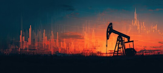 Oil rig silhouette at sunset over a city, overlayed with financial data