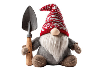 Charming garden gnome doll with a red knitted hat holding a small trowel.
