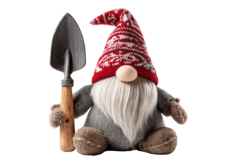 Charming garden gnome doll with a red knitted hat holding a small trowel.