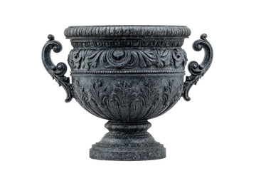 Antique style dark metal urn with ornate classical carvings.