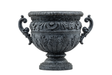 Antique style dark metal urn with ornate classical carvings.