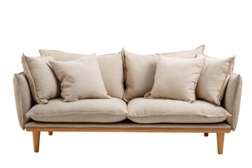 Comfortable beige fabric sofa with wooden legs isolated on white.