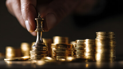 Strategic chess piece amidst stacks of gold coins representing wealth and power