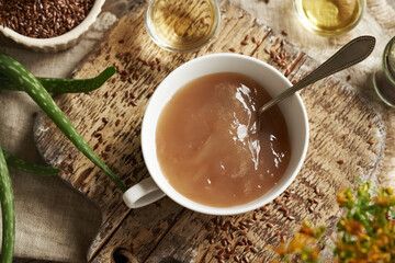 Homemade flax seed gel, aloe vera leaf, argan oil, apple cider vinegar - ingredients for natural...