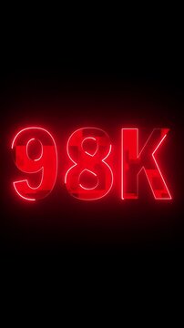 98K Neon Red Digital Counter Animation. Futuristic Glowing Number, LED Cyber Display Effect, Motion Graphic Background
