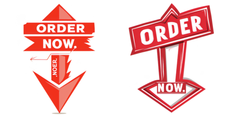 Two red arrows pointing down with text order now on transparent background