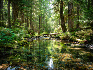 Obraz premium Serene forest creek with lush greenery and reflections in a sunlit woodland setting