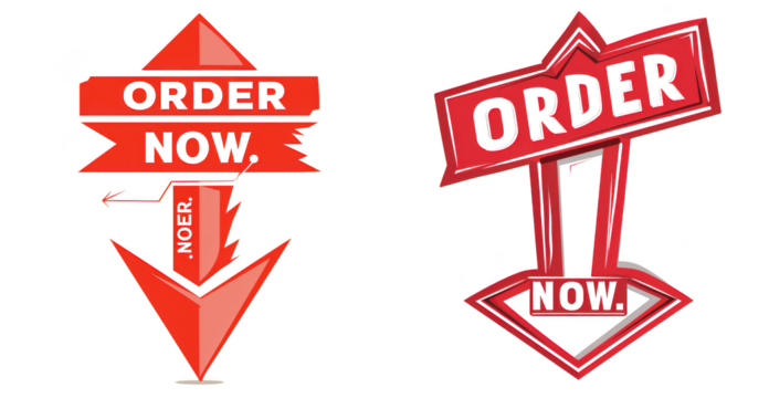 Two red arrows pointing down with text order now on transparent background