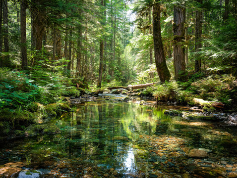 Serene forest creek with lush greenery and reflections in a sunlit woodland setting