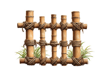 Traditional bamboo fence with rustic rope ties isolated on white.