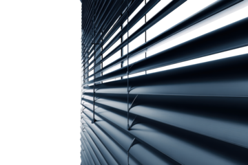Angled perspective of dark horizontal window blinds against a bright light.