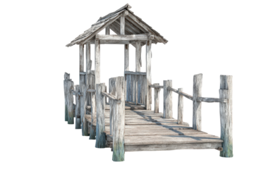 Old weathered wooden pier with a small hut isolated.
