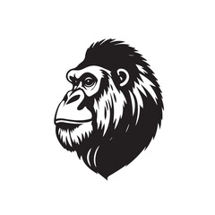 Gorilla's Head Silhouette on White Background. Black and White Illustration of a Gorilla's head. 