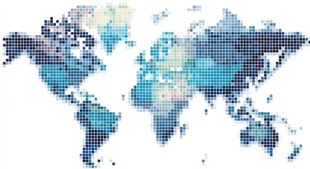 World map pixelated in shades of blue