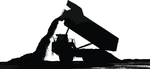 Silhouette dump truck unloading dirt, heavy construction vehicle dumping soil, earthmoving equipment, industrial machinery, construction site work, heavy duty transportation truck © Mim's World