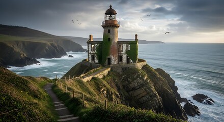 Obraz premium Dramatic coastal lighthouse perched on cliffs overlooking the sea with natural surroundings adding