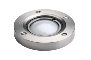 Industrial metal ball transfer unit with a flange isolated on white.