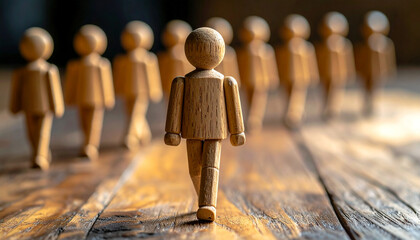 One wooden human figure stepping forward confidently, others follow behind. Symbol of leadership