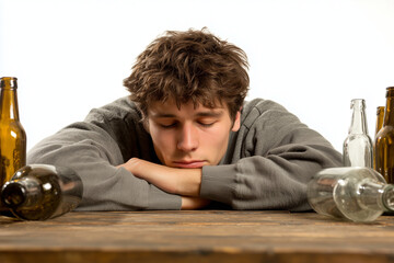 Struggling young man reflects on life surrounded by empty bottles after a long night of drinking at a wooden table Generative AI