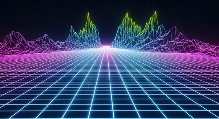 Futuristic neon grid landscape with glowing horizon and abstract digital mountains in dark minimal background