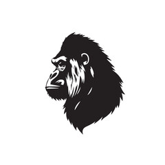 Gorilla's Head Silhouette on White Background. Black and White Illustration of a Gorilla's head. 