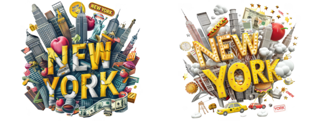 Stylized illustration of new york city landmarks and text new york, isolated on transparent background