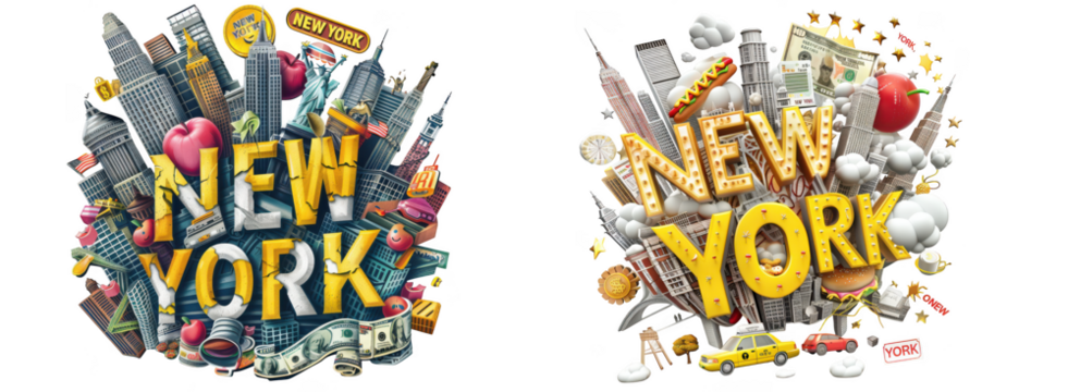 Stylized illustration of new york city landmarks and text new york, isolated on transparent background - Powered by Adobe