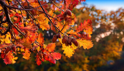Tree Branches Adorned With Acorns And Colorful Leaves Autumn Colors Tree Festive Atmosphere