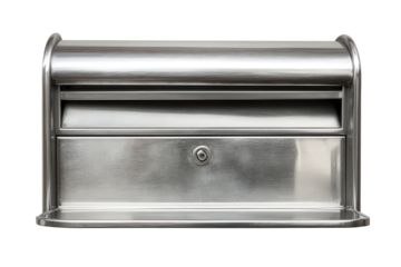 Classic stainless steel mailbox with a secure lock isolated on white.