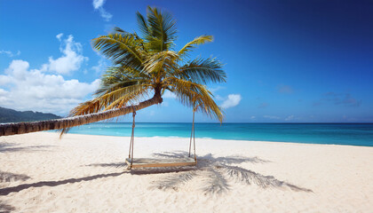 Fototapeta premium Deserted Beach With Palm Tree Swing