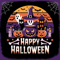2d vector illustration Halloween t shirt icon design items ghost character Candles in carved pumpkin