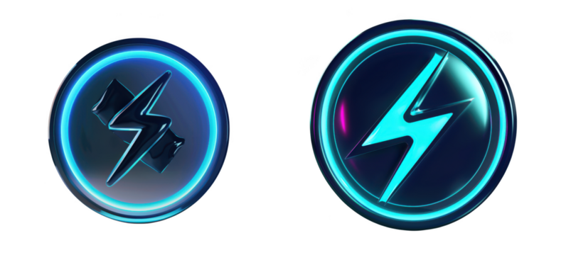 Two glowing blue lightning bolt icons with neon outlines isolated on transparent background