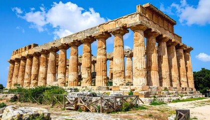 Ancient temple ruins under a vibrant sky