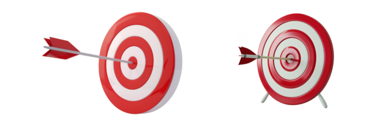 Two red and white target boards with arrows hitting the bullseye isolated on transparent background