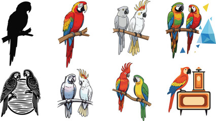 colorful parrot vector illustration, exotic tropical birds on branches, cockatoo macaw artwork, nature design clipart collection © Morsalin Creatives