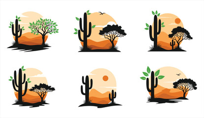 Desert cactus landscape illustration, sunset mountain scenery, wild nature background, silhouette tree design, dry wilderness, vector artwork