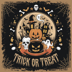 2d vector illustration Halloween t shirt icon design items ghost character Candles in carved pumpkin 